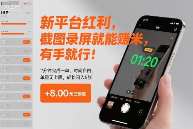 新平台红利，截图录屏就能賺米，有手就行！2分钟完成一单，时间自由，单量无上限，轻松日入5张【揭秘】-老莫涯