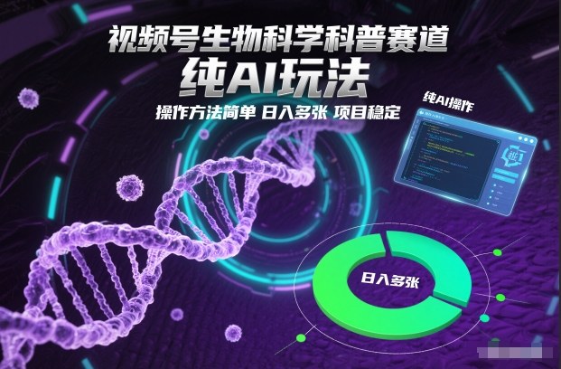 视频号生物科学科普赛道，纯AI玩法，操作方法简单，日入多张，项目稳定-老莫涯