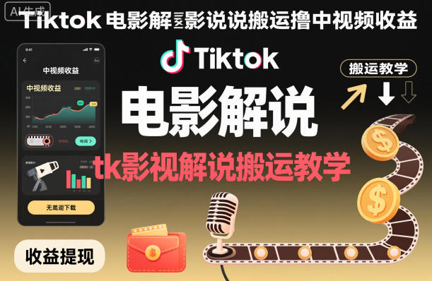 Tiktok电影解说搬运撸中视频收益，tk影视解说搬运教学-老莫涯