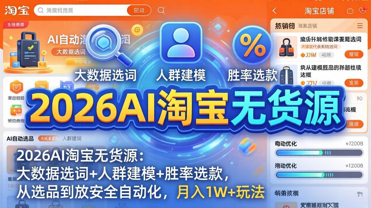2026AI淘宝无货源：大数据选词+人群建模+胜率选款，从选品到放大全自动化，月入1W+玩法-老莫涯