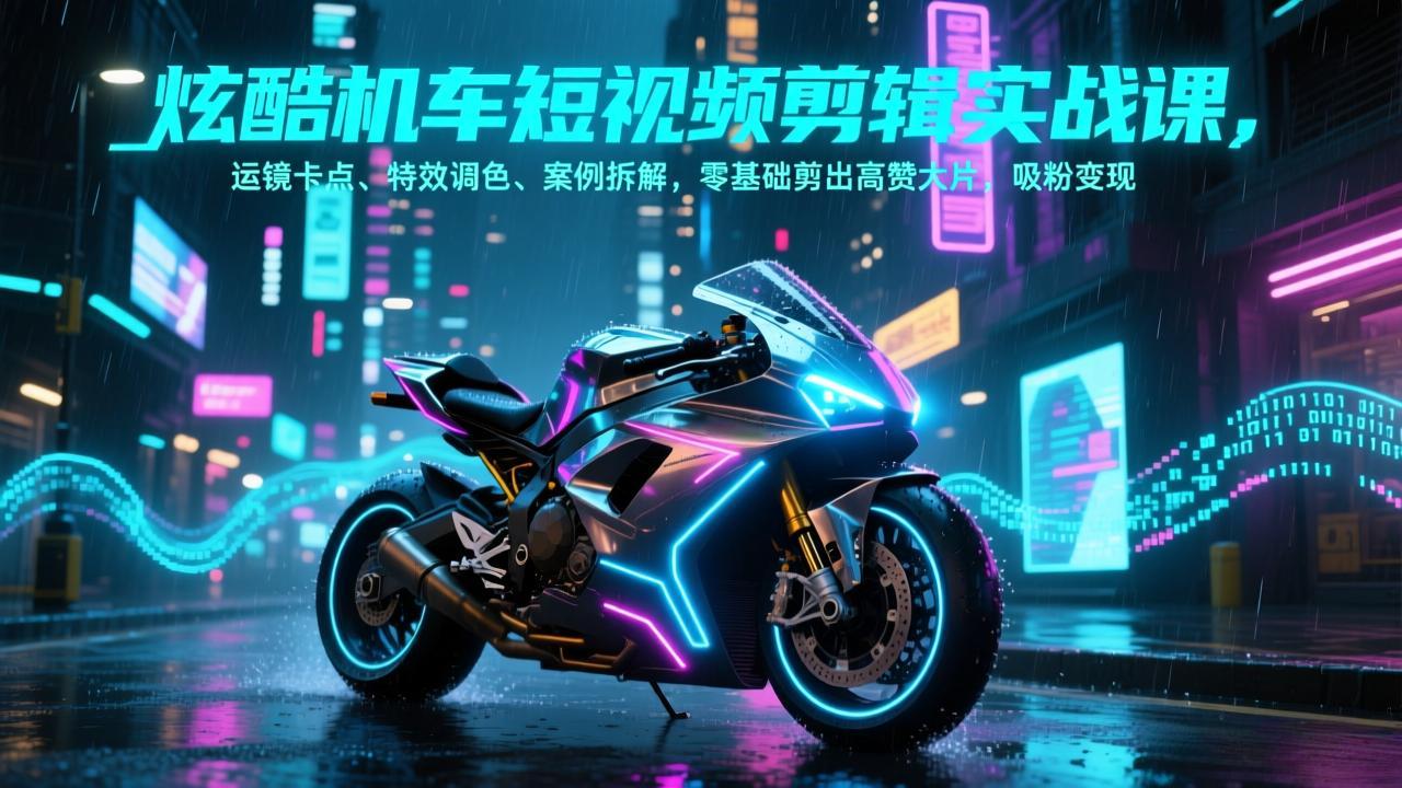 炫酷机车短视频剪辑实战课，运镜卡点、特效调色、案例拆解，零基础剪出高赞大片，吸粉变现-老莫涯