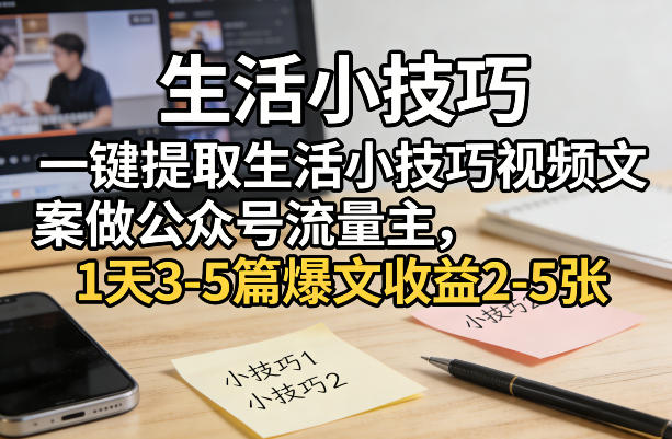 一键提取生活小技巧视频文案做公众号流量主，1天3-5篇爆文收益2-5张-老莫涯