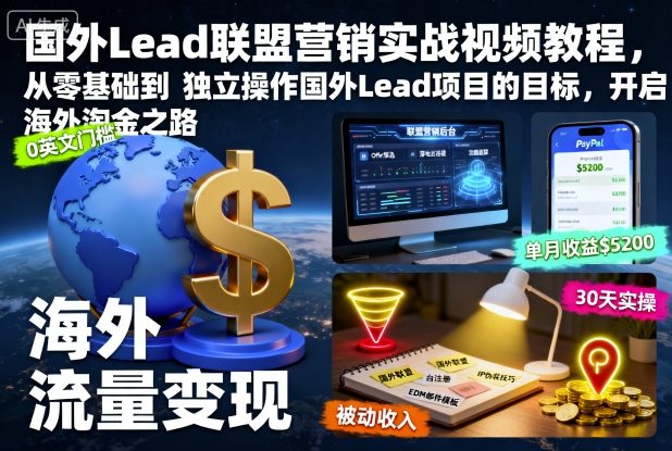国外Lead联盟营销实战视频教程，从零基础到独立操作国外Lead项目的目标，开启海外淘金之路-老莫涯