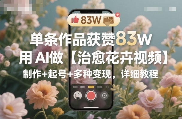 单条作品获赞83W，用AI做【治愈花卉视频】，制作+起号+多种变现，详细教程-老莫涯