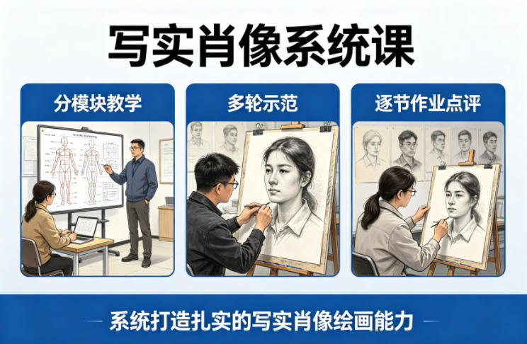 写实肖像系统课，全程分模块教学+多轮示范+逐节作业点评，系统打造扎实的写实肖像绘画能力-老莫涯