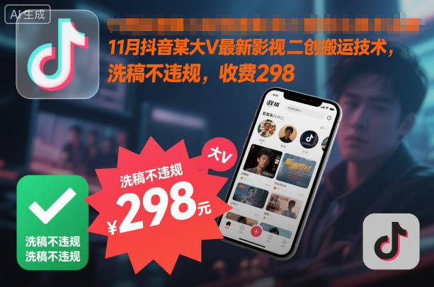 11月抖音某大V最新影视二创搬运技术，洗稿不违规，收费298-老莫涯