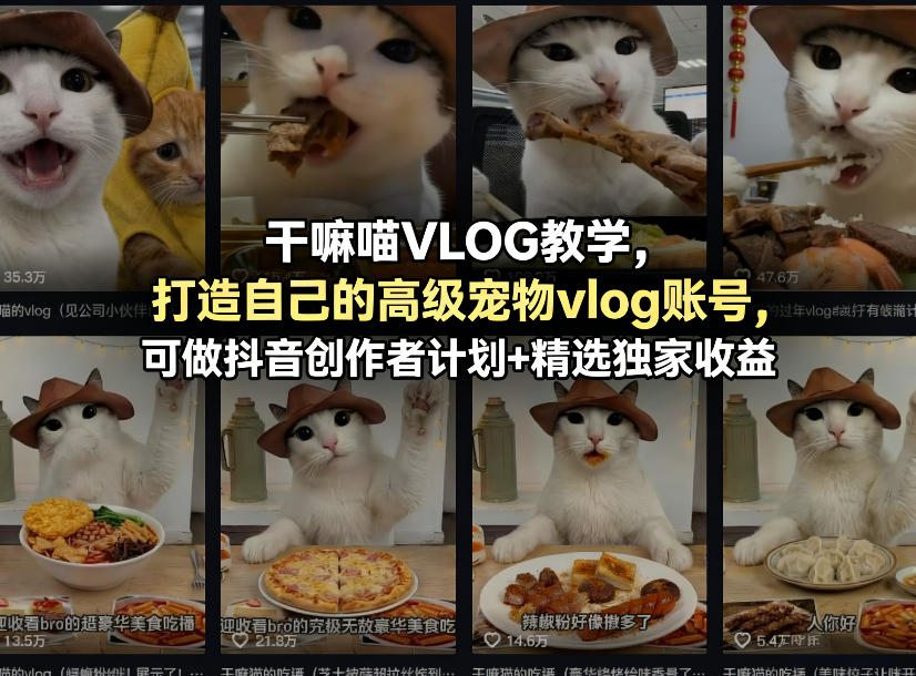 干嘛喵VLOG教学，打造自己的高级宠物vlog账号，可做抖音创作者计划+精选独家收益-老莫涯
