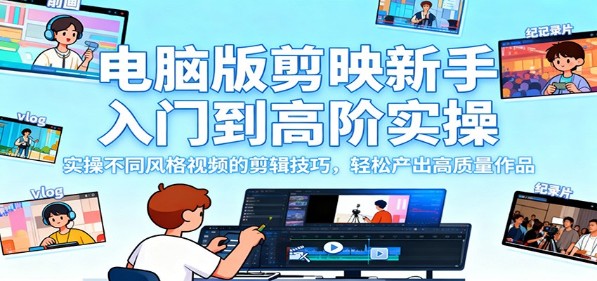 电脑版剪映新手入门到高阶实操，实操不同风格视频的剪辑技巧，轻松产出高质量作品-老莫涯