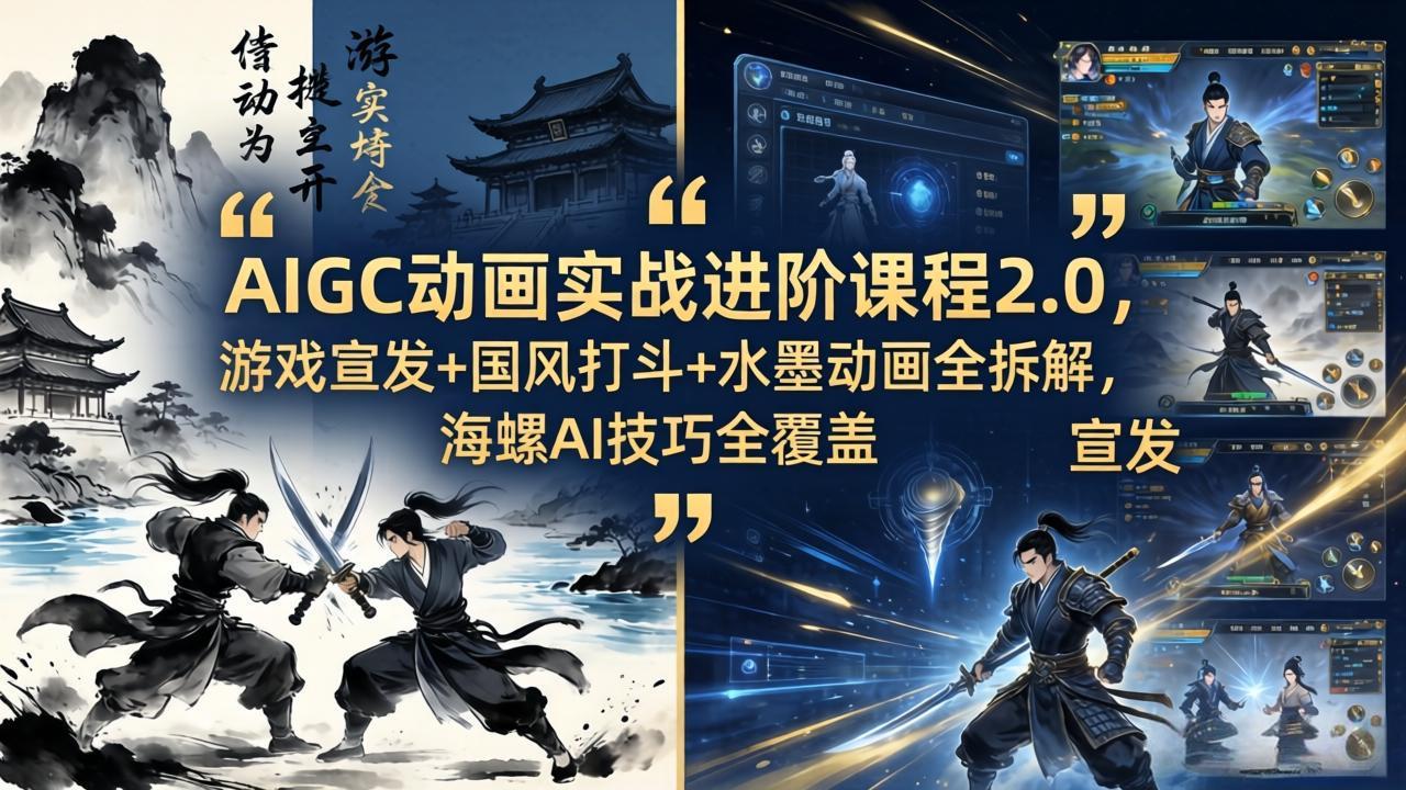 AIGC动画实战进阶课程2.0，游戏宣发+国风打斗+水墨动画全拆解，海螺AI技巧全覆盖-老莫涯