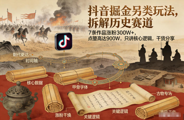 抖音掘金另类玩法，拆解历史赛道，7条作品涨粉300W+，点赞量高达900W，只讲核心逻辑，干货分享-老莫涯
