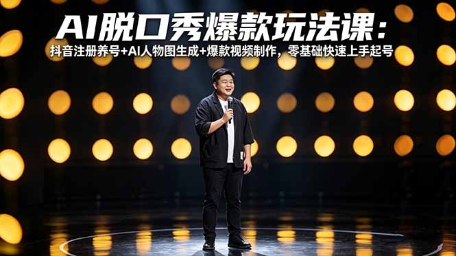 AI脱口秀爆款玩法课：抖音注册养号+AI人物图生成+爆款视频制作，零基础快速上手起号-老莫涯
