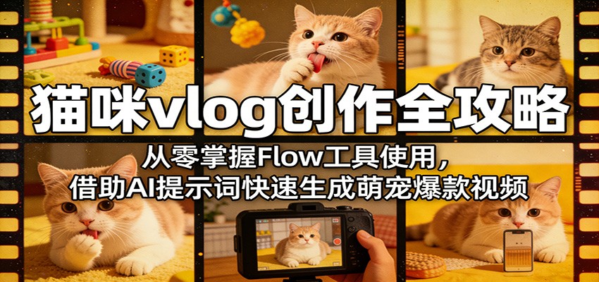 猫咪vlog创作全攻略：从零掌握Flow工具使用，借助AI提示词快速生成萌宠爆款视频-老莫涯