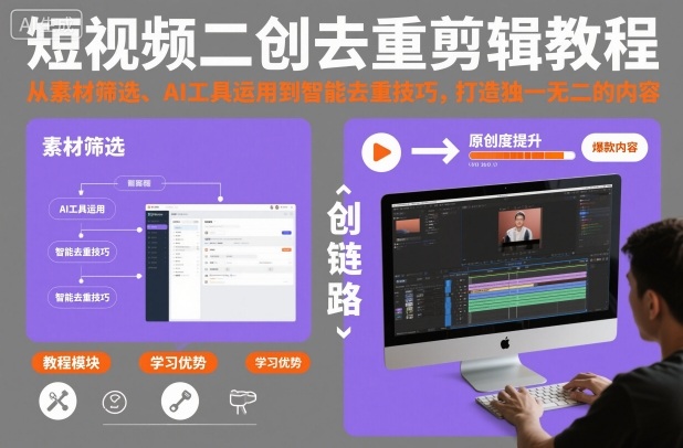 短视频二创去重剪辑教程，从素材筛选、AI工具运用到智能去重技巧，打造独一无二的内容-老莫涯