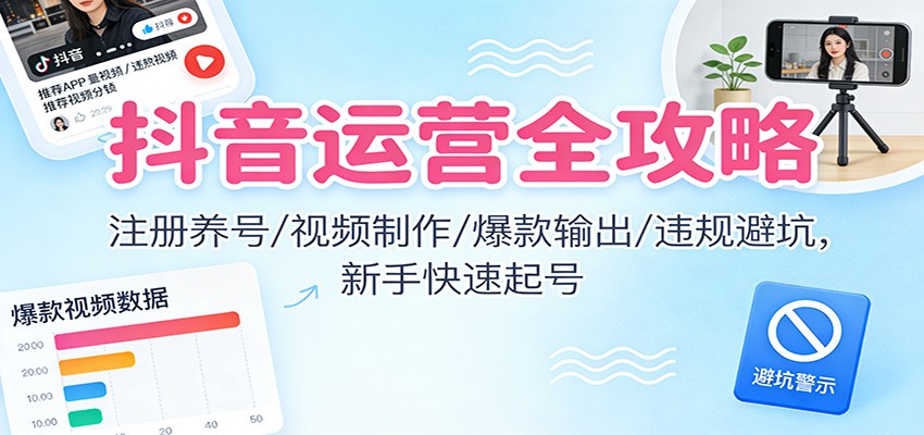 抖音运营全攻略：注册养号/视频制作/爆款输出/违规避坑，新手快速起号-老莫涯