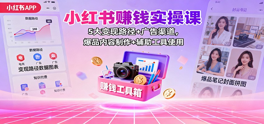 小红书赚钱实操课：5大变现路径+广告渠道，爆品内容制作+辅助工具使用-老莫涯