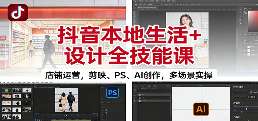 抖音本地生活+设计全技能课：店铺运营，剪映、PS、AI创作，多场景实操-老莫涯