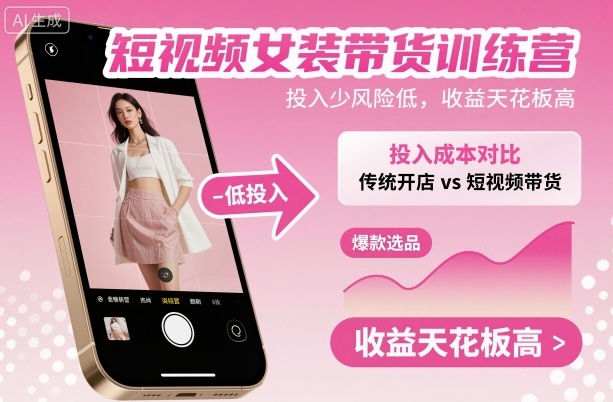 短视频女装带货训练营，投入少风险低，收益天花板高-老莫涯