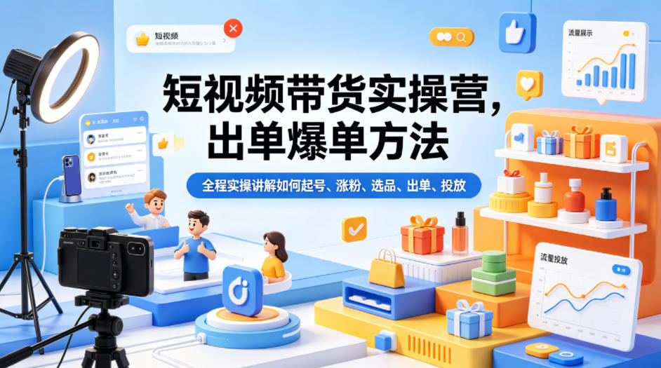 短视频带货实操营，出单爆单方法，全程实操讲解如何起号、涨粉、选品、出单、投放-老莫涯
