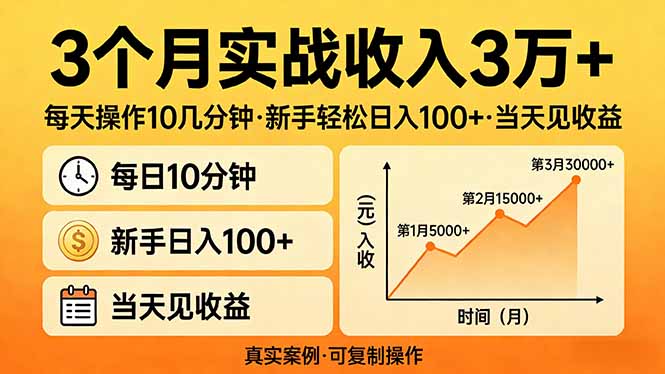 3个月实战收入3万+，每天操作10几分钟，新手轻松日入100+，当天见收益-老莫涯
