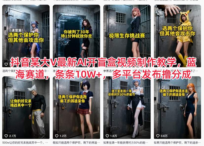 抖音某大V最新AI开盲盒视频制作教学，蓝海赛道，条条10W+，多平台发布撸分成-老莫涯