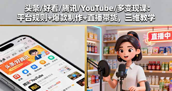 头条/好看/腾讯/YouTube/多变现课：平台规则+爆款制作+直播带货，三维教学-老莫涯