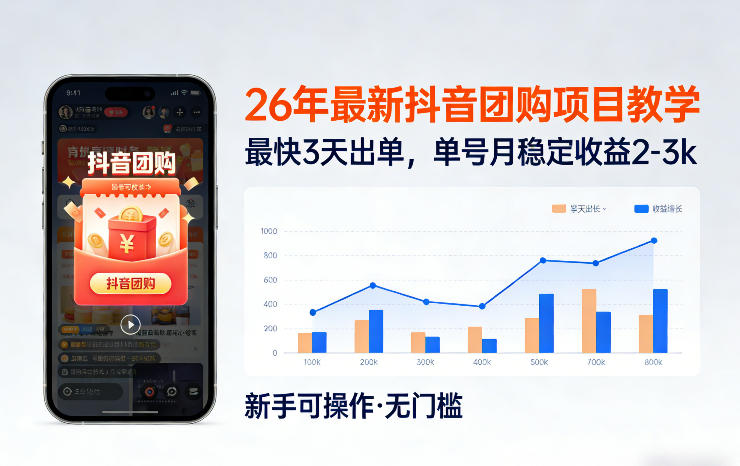 26年最新抖音团购项目教学，0门槛，最快3天出单，单号月稳定收益2-3k-老莫涯