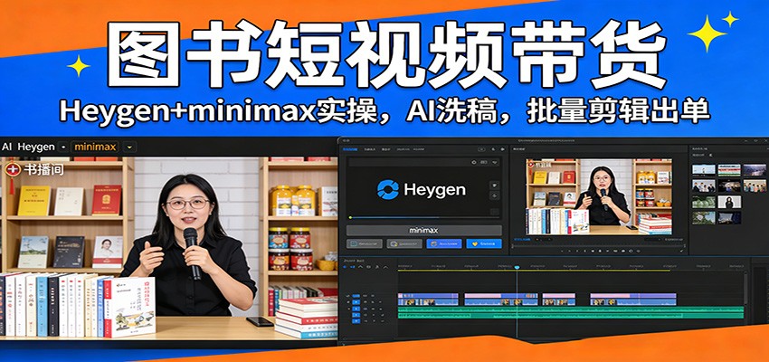 图书短视频带货：Heygen+minimax实操，AI洗稿 ，批量剪辑出单-老莫涯