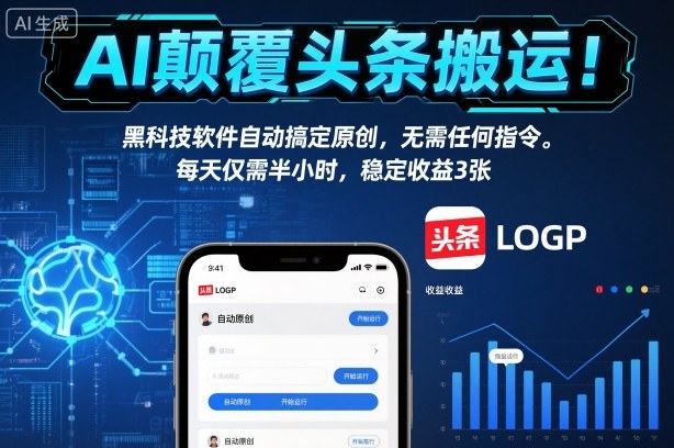 AI颠覆头条搬运！黑科技软件自动搞定原创，无需任何指令。每天仅需半小时，稳定收益3张【揭秘】-老莫涯