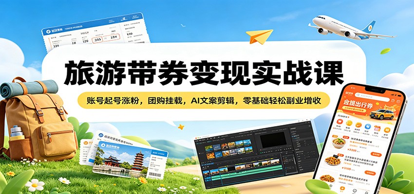 旅游带券变现实战课：账号起号涨粉，团购挂载，AI文案剪辑，零基础轻松副业增收-老莫涯