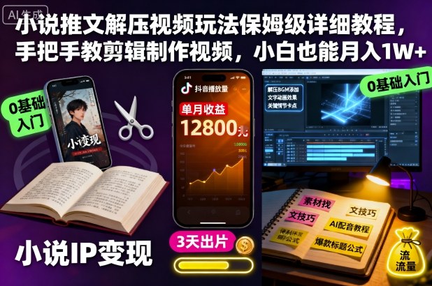 小说推文解压视频玩法保姆级详细教程，手把手教剪辑制作视频，小白也能月入1W+-老莫涯