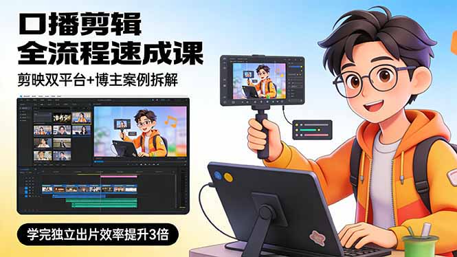 口播剪辑全流程速成课，剪映双平台+博主案例拆解，学完独立出片效率提升3倍-老莫涯
