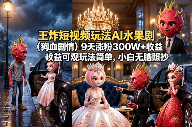 王炸短视频玩法AI水果剧(狗血剧情)9天涨粉300W+收益可观玩法简单，小白无脑照抄，详细拆解玩法-老莫涯