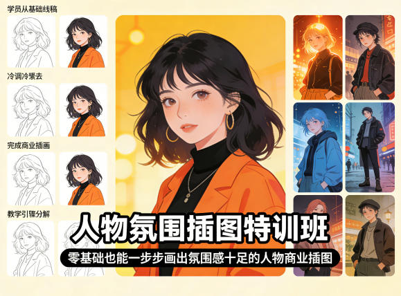 人物氛围插图特训班，零基础也能一步步画出氛围感十足的人物商业插图-老莫涯
