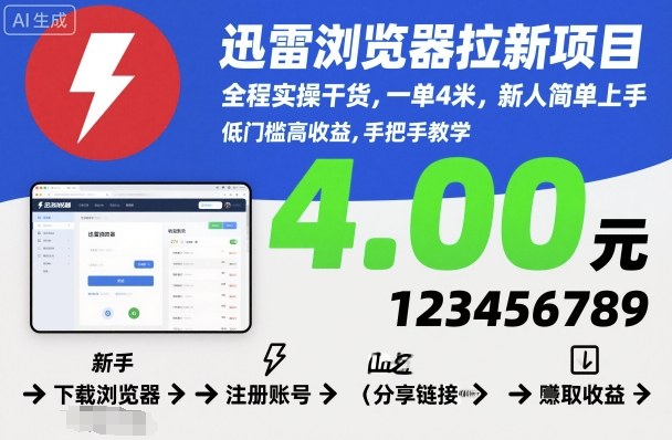 迅雷浏览器拉新项目，全程实操干货，一单4米，新人简单上手-老莫涯