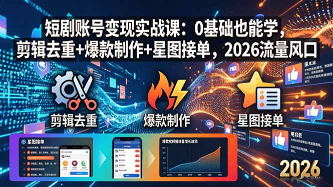 短剧账号变现实战课：0基础也能学，剪辑去重+爆款制作+星图接单，2026流量风口-老莫涯