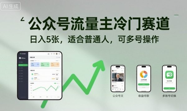 公众号流量主冷门赛道，日入5张，适合普通人，可多号操作-老莫涯
