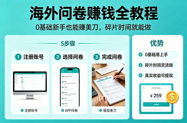 海外问卷賺钱全教程，0基础新手也能賺美刀，碎片时间就能做-老莫涯