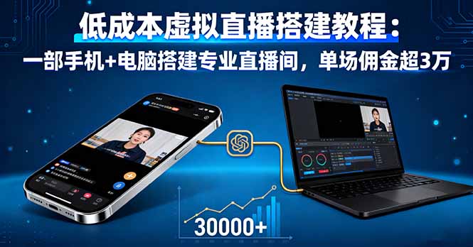 低成本虚拟直播搭建教程：一部手机+电脑搭建专业直播间，单场佣金超3万-老莫涯