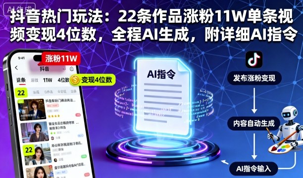 抖音热门玩法：22条作品涨粉11W单条视频变现4位数，全程AI生成，附详细AI指令-老莫涯