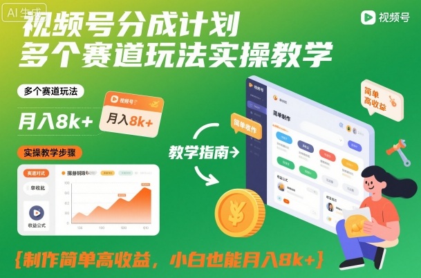 视频号分成计划多个赛道玩法实操教学，制作简单高收益，小白也能月入8k+-老莫涯