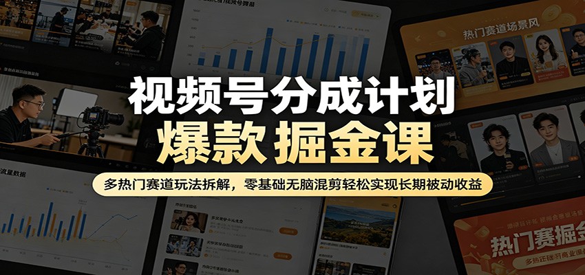 视频号分成计划爆款掘金课：多热门赛道玩法拆解，零基础无脑混剪轻松实现长期被动收益-老莫涯