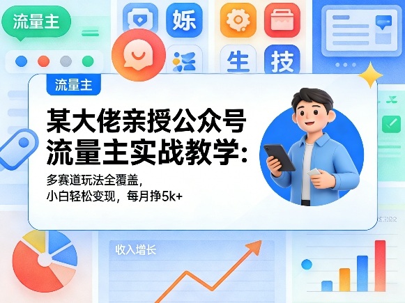 某大佬亲授公众号流量主实战教学：多赛道玩法全覆盖，小白轻松变现，每月多挣5k+-老莫涯
