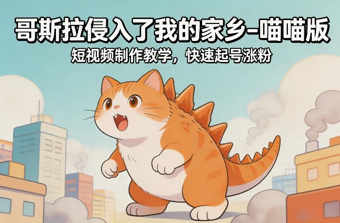哥斯拉侵入了我的家乡–喵喵版短视频制作教学，快速起号涨粉-老莫涯
