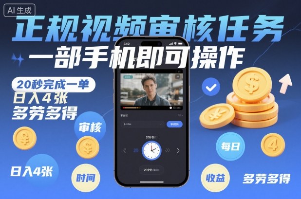 正规视频审核任务，一部手机即可操作，20秒完成一单，日入4张，多劳多得【揭秘】-老莫涯