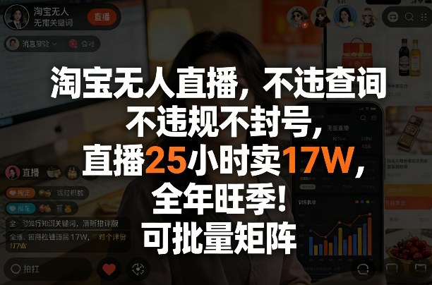 淘宝无人直播，不违规不封号，直播25小时卖17W，全年旺季！可批量矩阵【揭秘】-老莫涯