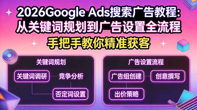 2026Google Ads搜索广告教程：从关键词规划到广告设置全流程，手把手教你精准获客-老莫涯