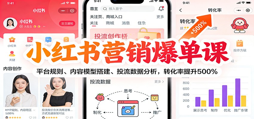 小红书营销爆单课：平台规则、内容模型搭建、投流数据分析，转化率提升500%-老莫涯