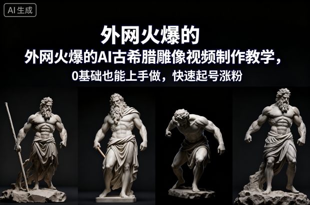 外网火爆的AI古希腊雕像视频制作教学，0基础也能上手做，快速起号涨粉-老莫涯