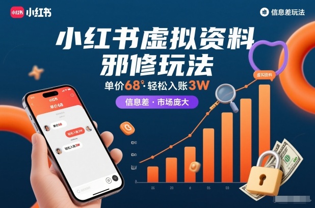 小红书虚拟资料邪修玩法，单价68，轻松入账3W，信息差玩法，市场庞大-老莫涯