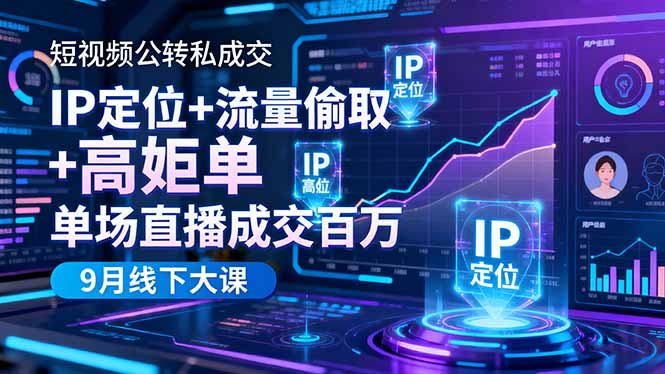 短视频公转私成交9月线下大课，IP定位+流量偷取+高客单，单场直播成交百万-老莫涯